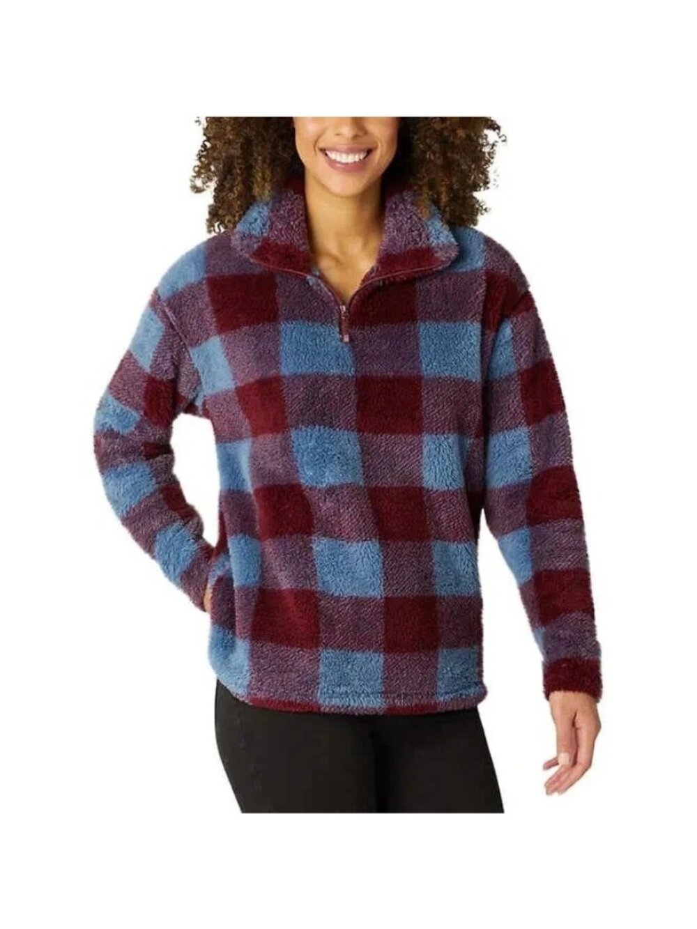 NWT Eddie Bauer Women's XXL Blue & Burgundy Plush 1/4 Zip Pullover Jacket